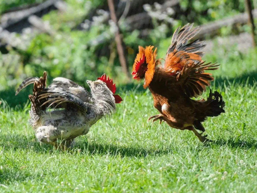 Pecking order: Roosters in a power struggle - mixed flock poultry farming