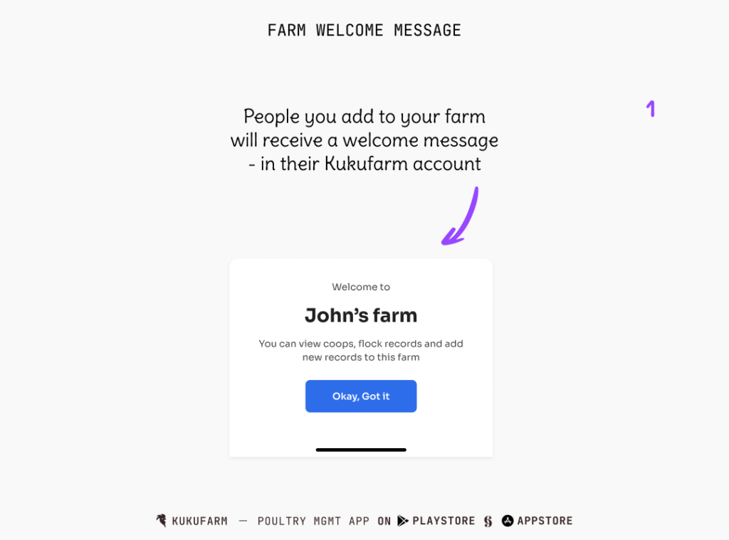 Add co-farmers to your farm on Kukufarm poultry app - Farm welcome message