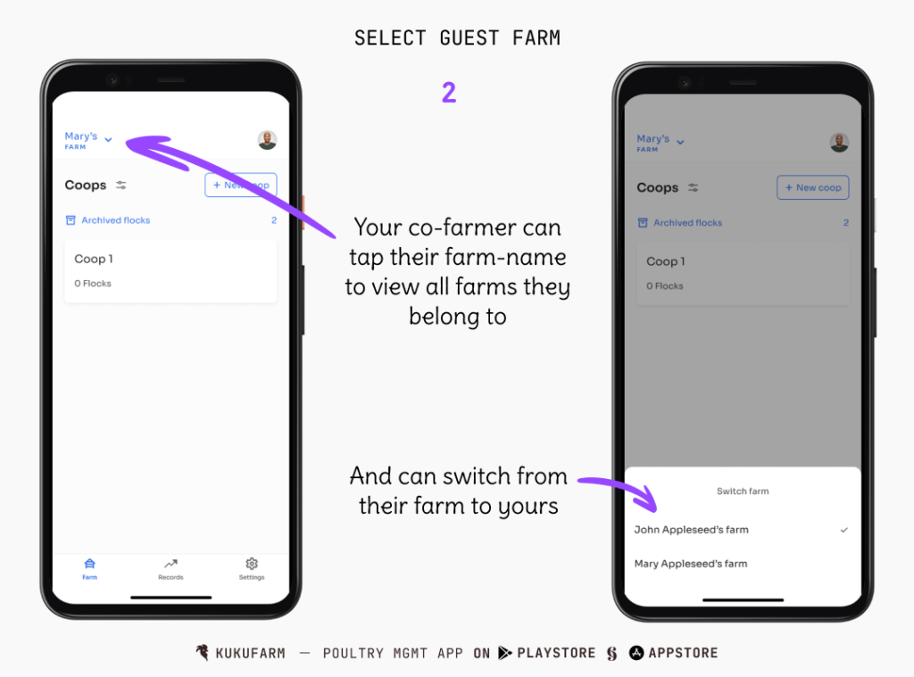 Add co-farmers to your farm on Kukufarm poultry app - switch between farms