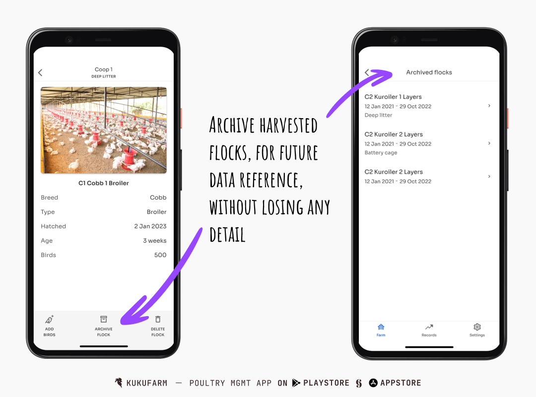 Kukufarm - poultry management app - Archived flocks
