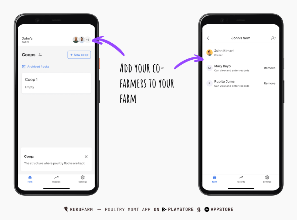 Add co-farmers to your farm on Kukufarm poultry app